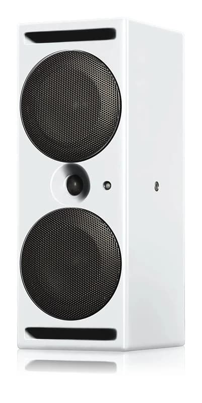 A214-M in Pure White. Official PSI Audio photograph. Shown vertically; horizontal dimensions are illustrated in Connections and placement.