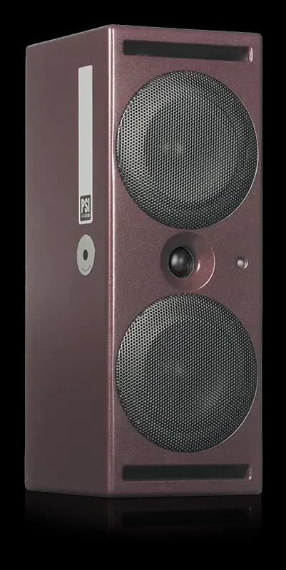 A214-M in Studio Red. Official PSI Audio photograph. Shown vertically; horizontal dimensions are illustrated in Connections and placement.