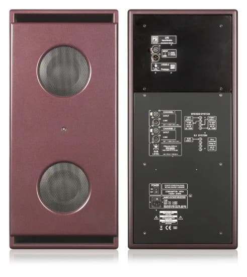 Sub A225-M: front and rear, showing the signal connections and mains inlet. The optional LFE module shown is sold separately.
