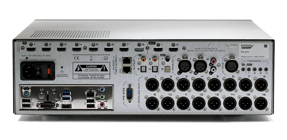 Trinnov Altitude16: Rear connections: 16 analogue XLR outputs; HDMI layout varies by board version