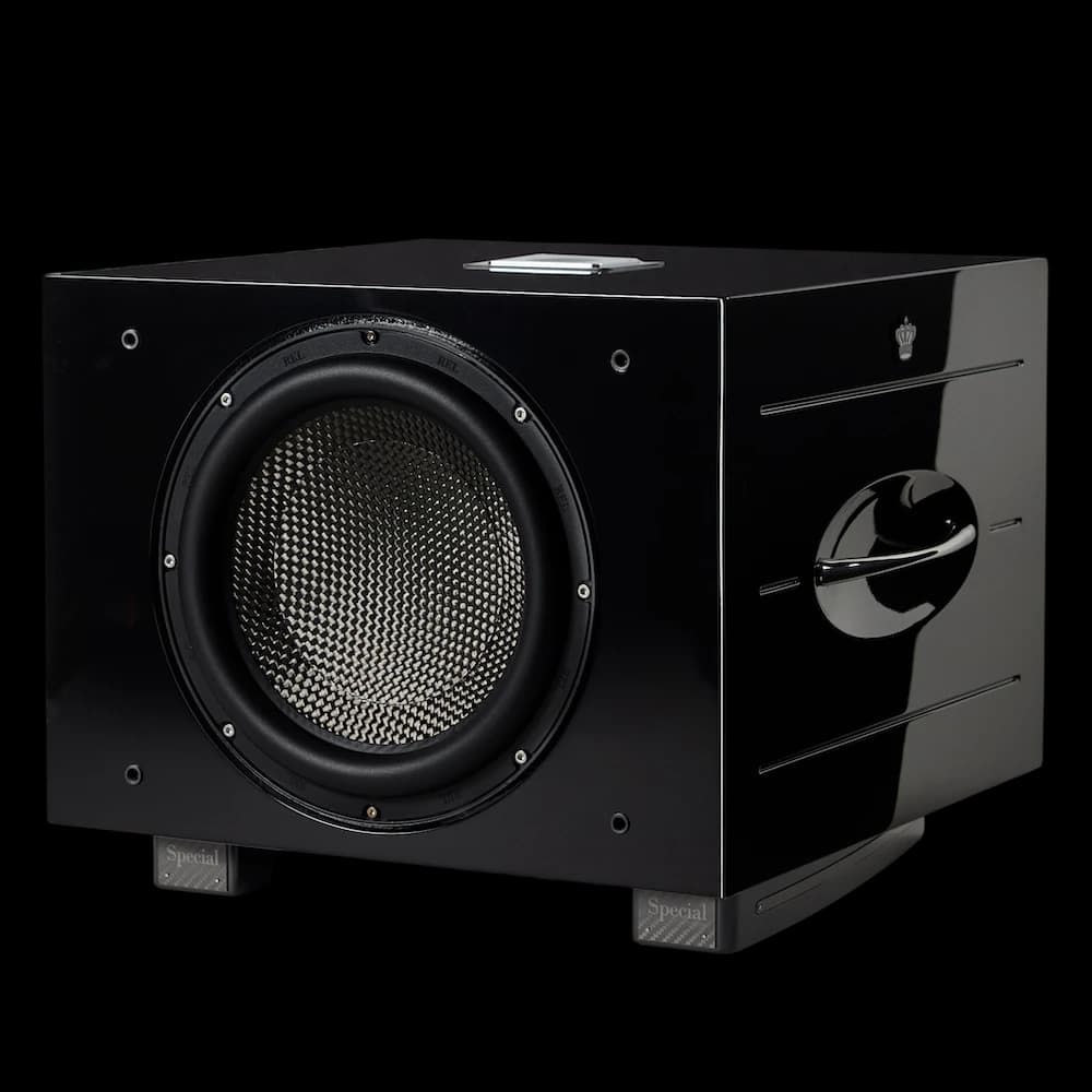 REL Carbon Special Black Label with the grille removed and carbon-fibre driver visible