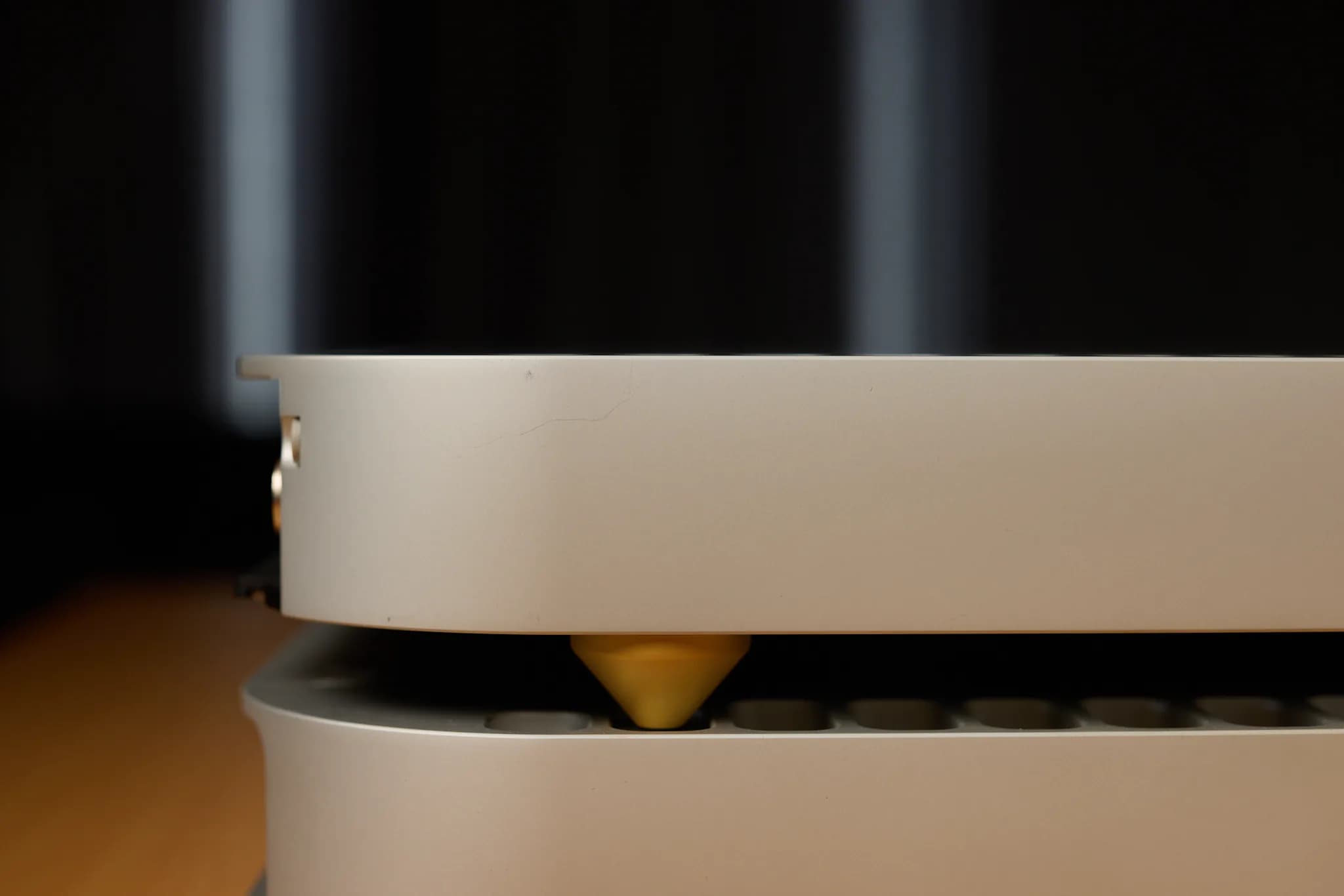 Close view of an MSB Reference DAC chassis corner and foot