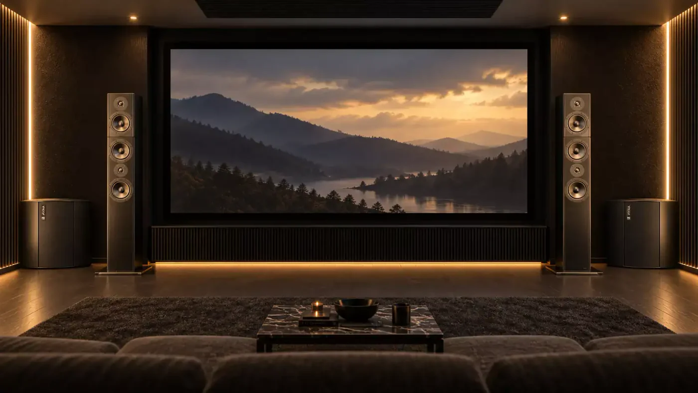 Manufacturer home cinema illustration with C225 units beside the screen