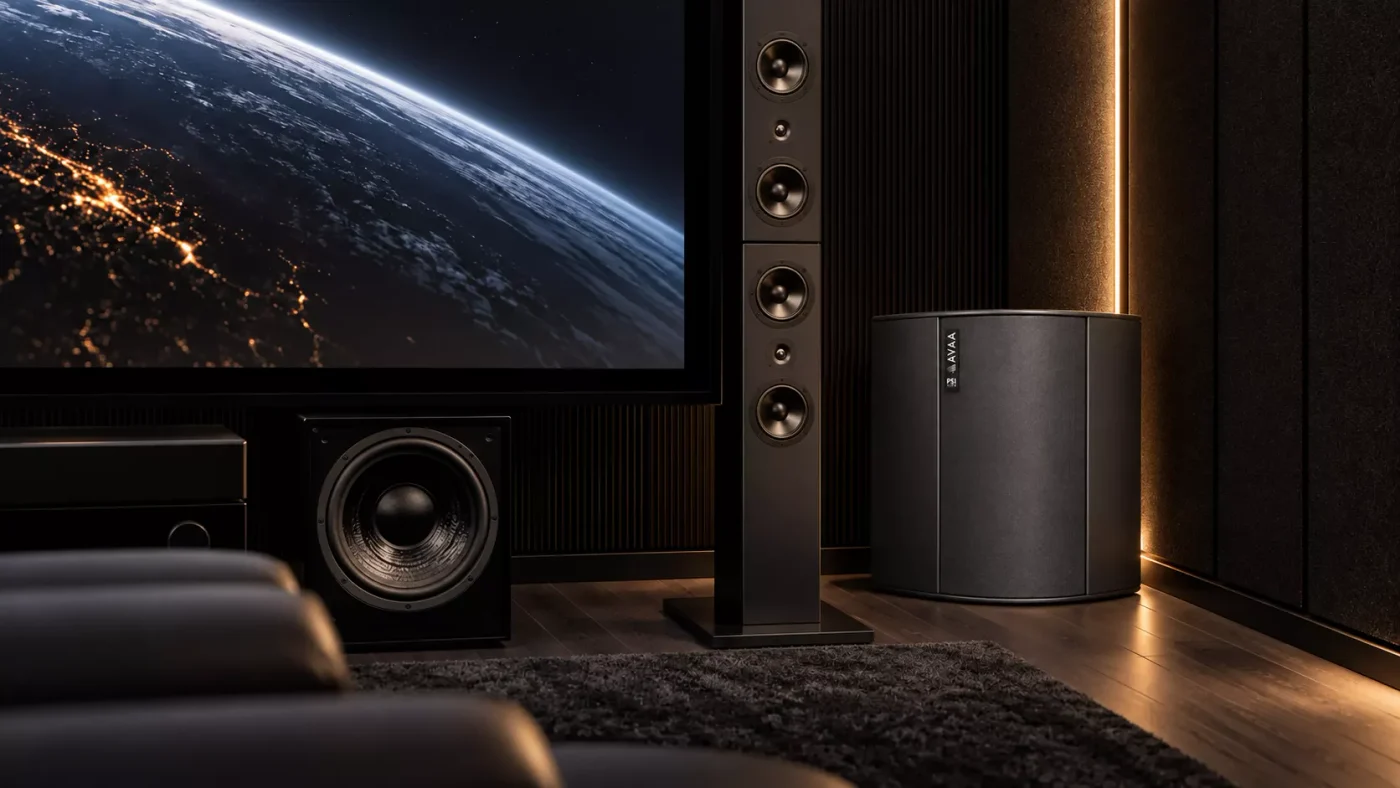 AVAA C225 beside a home cinema screen and loudspeakers