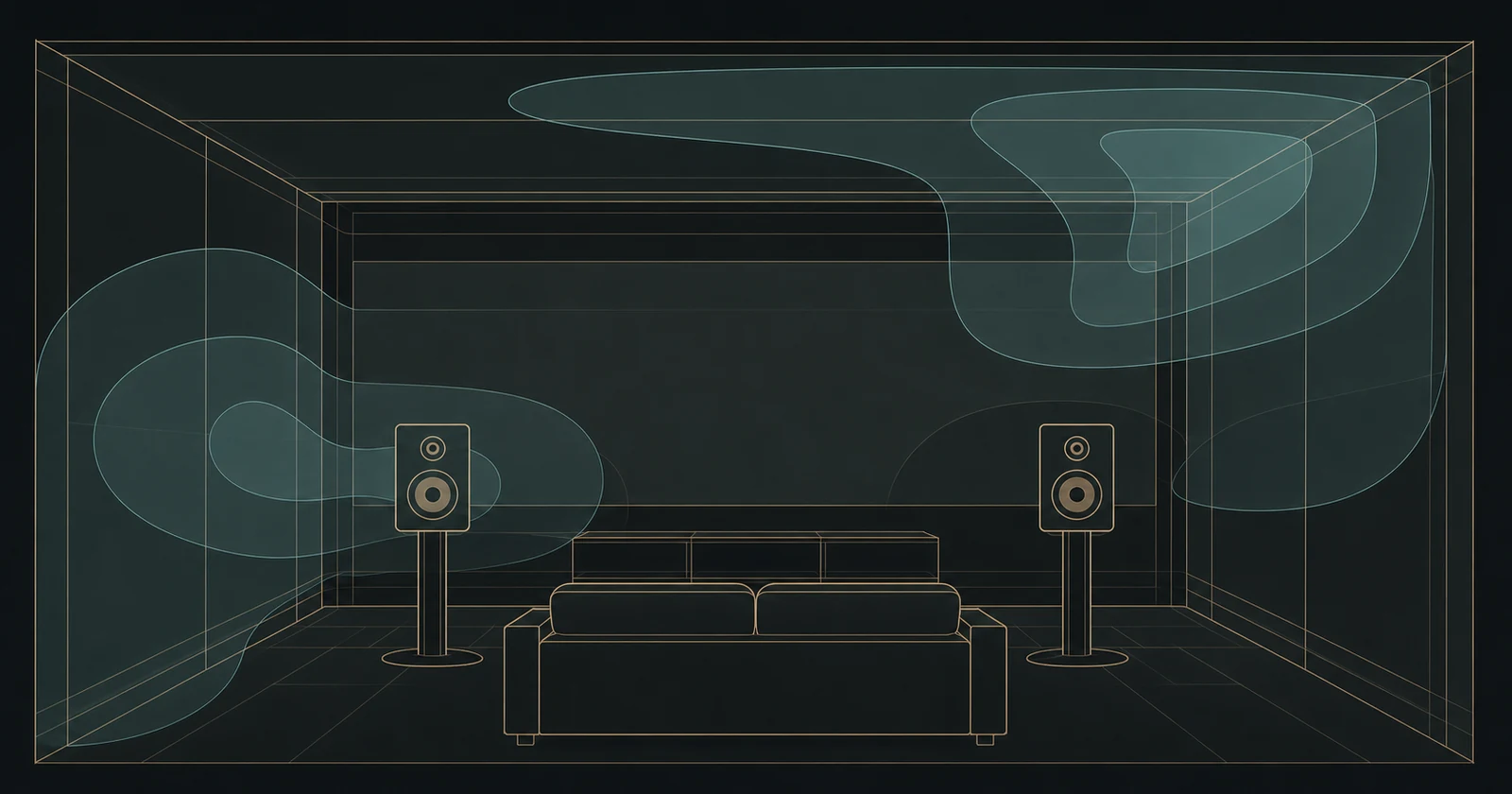 Idealised listening room with two loudspeakers, a central listening sofa and qualitative low-frequency contours.